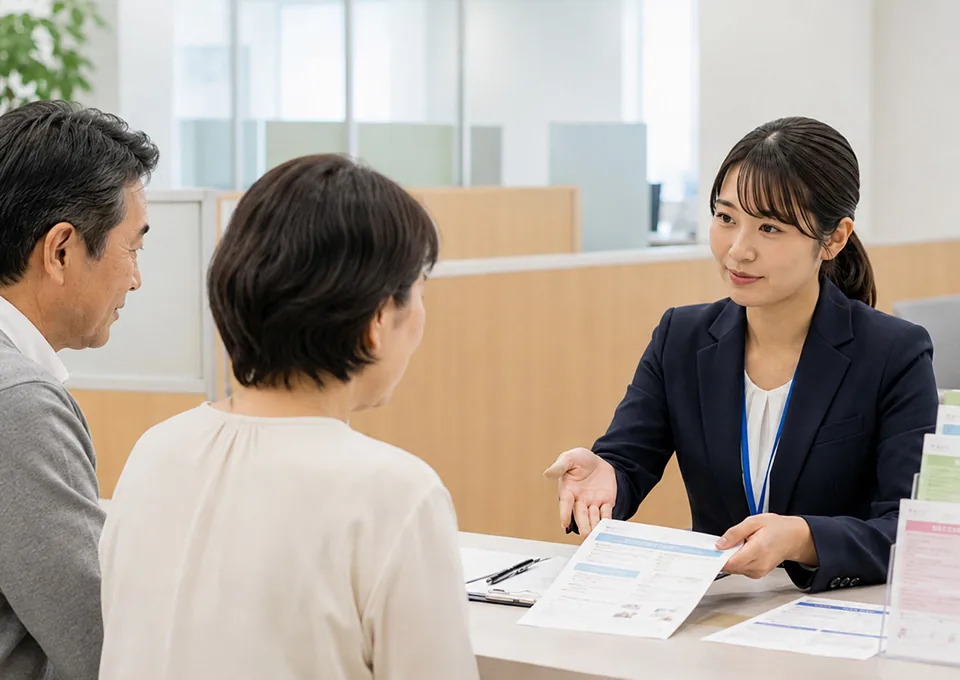港南区の窓口で葬儀の公的な制度について説明を受けるご夫婦