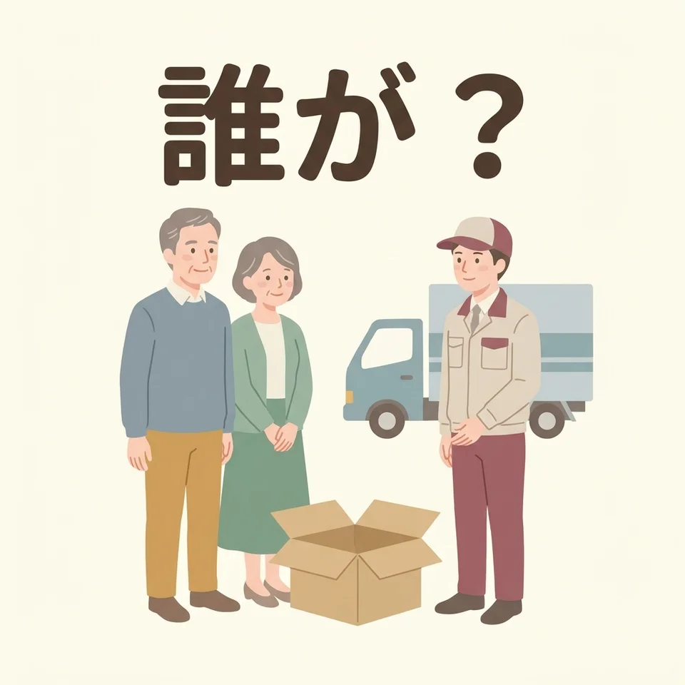 遺品整理をご家族で行うか業者に依頼するかを相談するイラスト