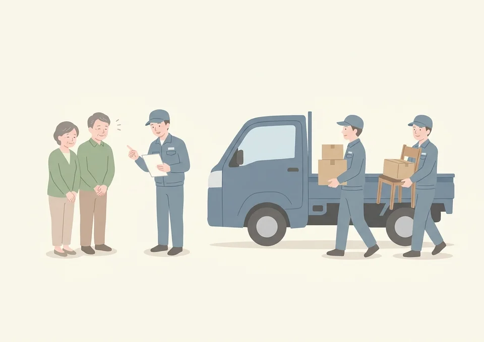 遺品整理業者のスタッフが荷物を運び出しご家族に見積書を説明するイラスト