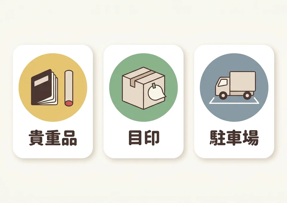 遺品整理の業者が来るまでにやること3つ(貴重品・目印・駐車場)を示した図解