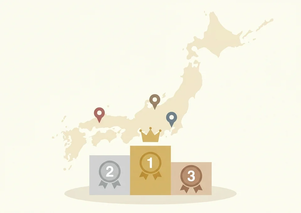 地域別の遺品整理業者おすすめランキングを表す地図と表彰台のイラスト