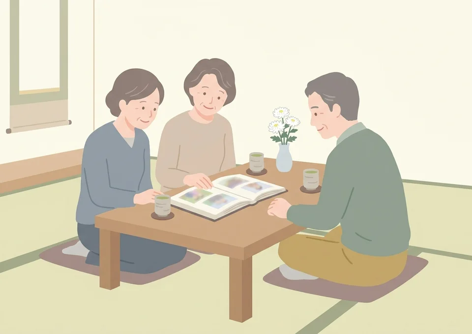 法要でご家族が集まりアルバムを開いて思い出を語り合うイラスト