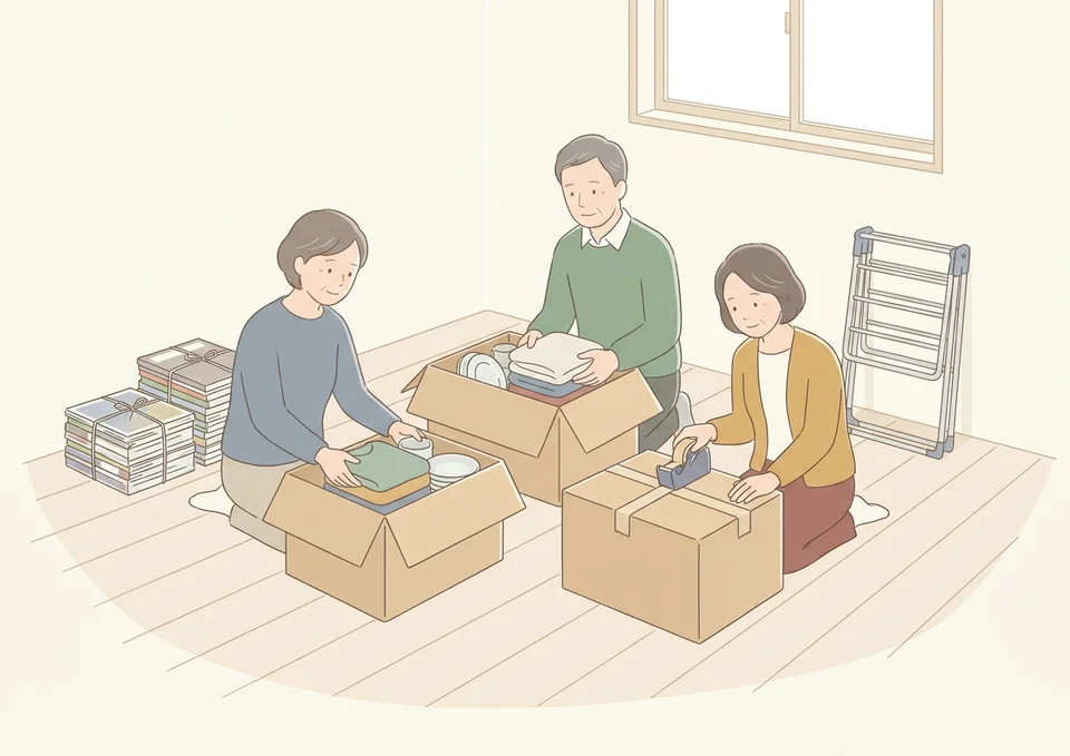 葬儀後すぐに親族が集まって遺品を段ボールにまとめている様子のイラスト