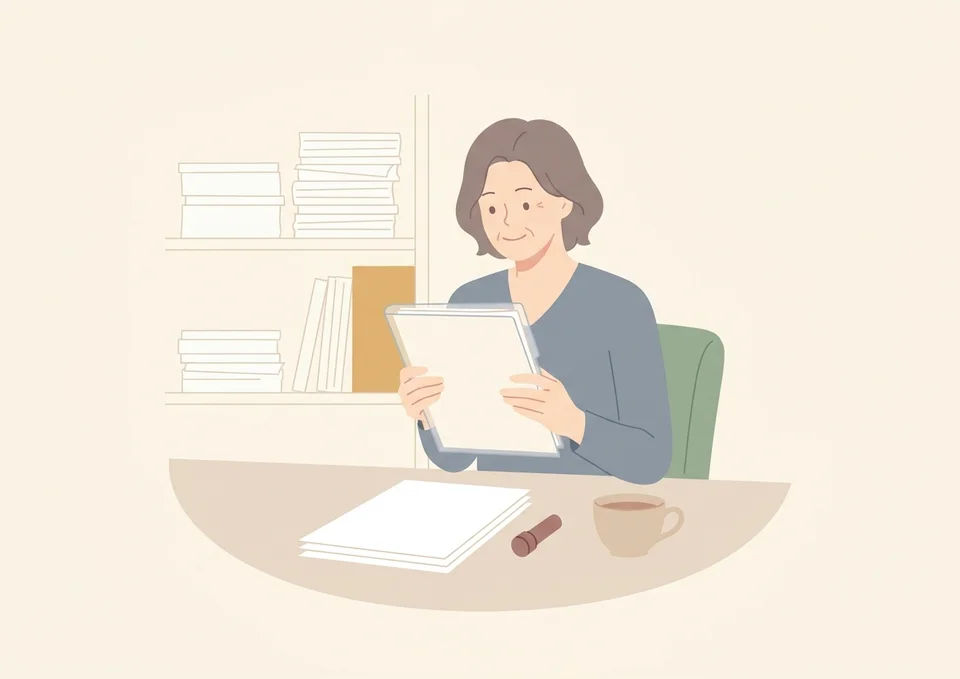 役所での届け出や年金の手続きを終えた女性のイラスト