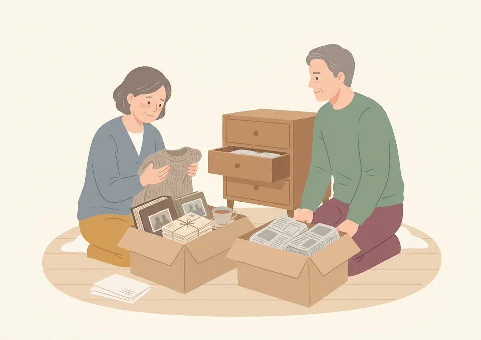 ご遺族がのこす品と手放す品を仕分けしているイラスト