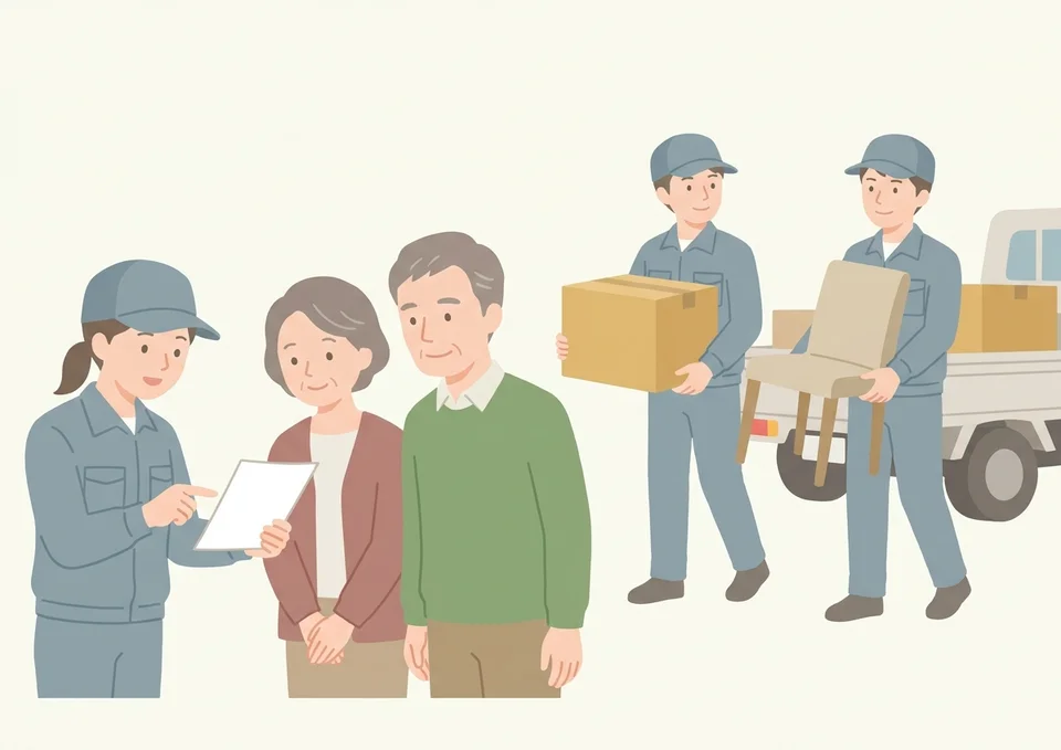 遺品整理業者のスタッフが荷物を運び出しご家族に見積書を説明するイラスト